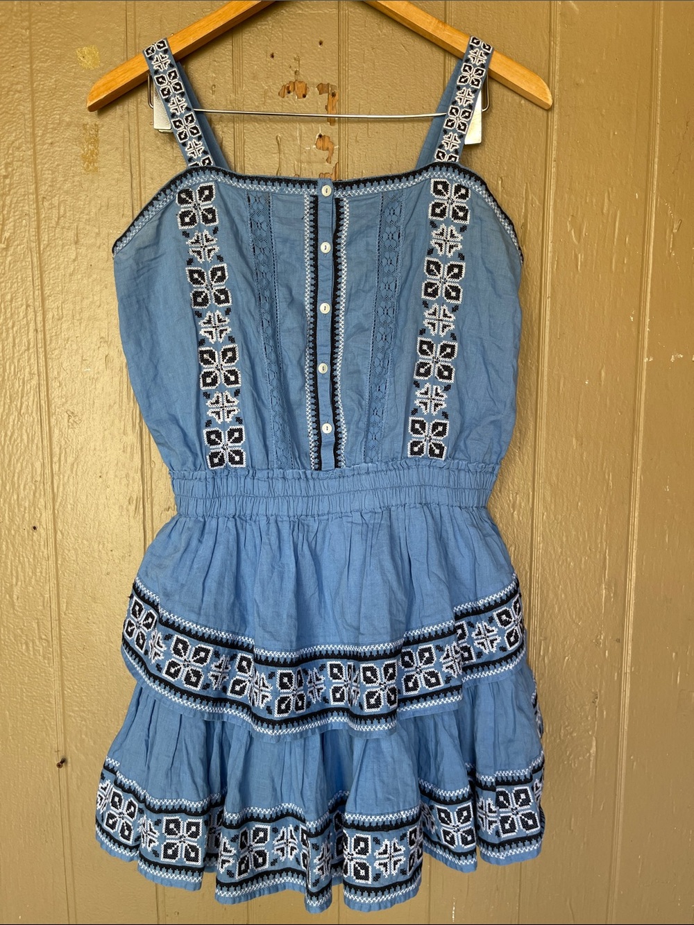LoveShackFancy Embroidered Tiered Mini Dress in Blue Size M